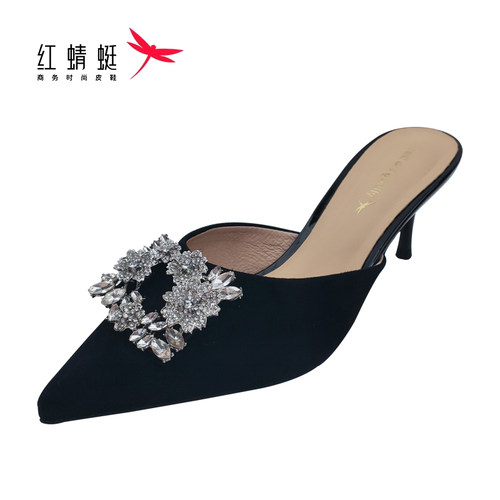 REDDRAGONFLY/红蜻蜓法式方扣女包头细跟水钻尖头凉拖女WTV32691