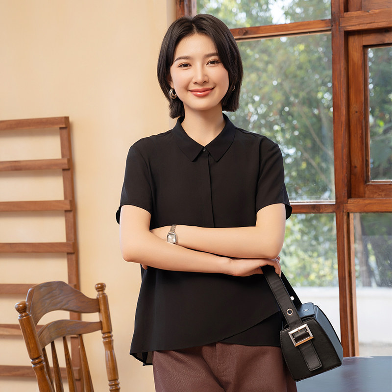 YUN韫2025夏季新款女装翻领休闲气质纯色雪纺显瘦短袖上衣T恤5628