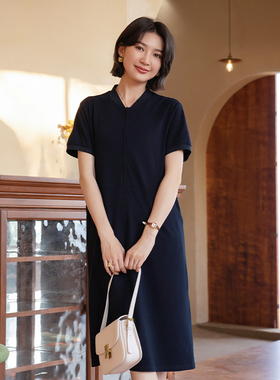 YUN韫2025夏季新品女装螺纹领半拉链设计感棉针织短袖连衣裙5592
