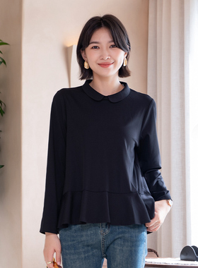 YUN韫2025秋季新品女装韩版娃娃领套头设计感荷叶下摆长袖T恤5898