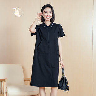 女针织罗纹翻领字母刺绣半拉链短袖 新款 韫2024夏季 连衣裙 YUN