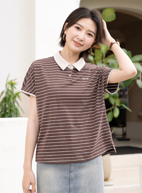 YUN韫2026夏季新品女装拼色翻领通勤条纹套头短袖宽松T恤上衣6151