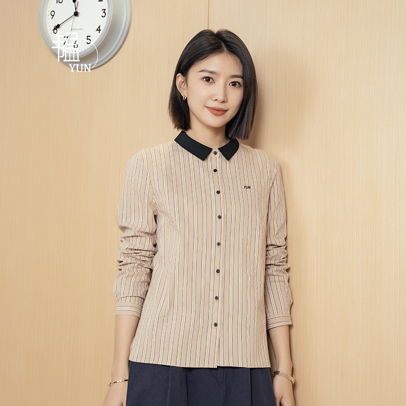 【YUN】韫2024春季新款女拼色POLO领通勤单排扣鱼骨条纹长袖衬衫