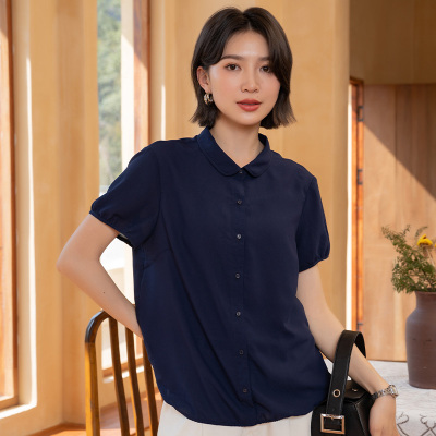 YUN韫2025夏季新品女翻领气质通勤百搭显瘦雪纺短袖衬衫上衣5688