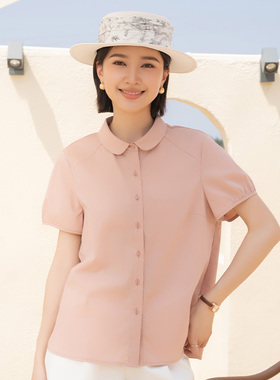 YUN韫2025夏季新品女装气质简约翻领单排扣纯色薄款短袖衬衫5656