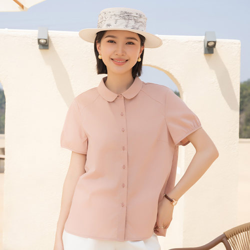 YUN韫2025夏季新品女装气质简约翻领单排扣纯色薄款短袖衬衫5656
