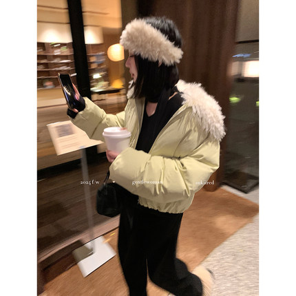 SukiiRED90白鸭绒可拆卸环保羊毛毛领短款羽绒服女冬季新款外套