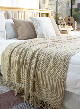 北欧美式纯色菠萝纹浅灰色沙发毯桔色搭巾针织毯样板装饰毯床尾毯