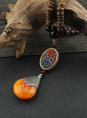 民族风仿蜜蜡水滴木珠长款项链