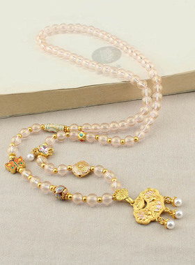 新中式国风锦鲤如意锁粉珠项链女