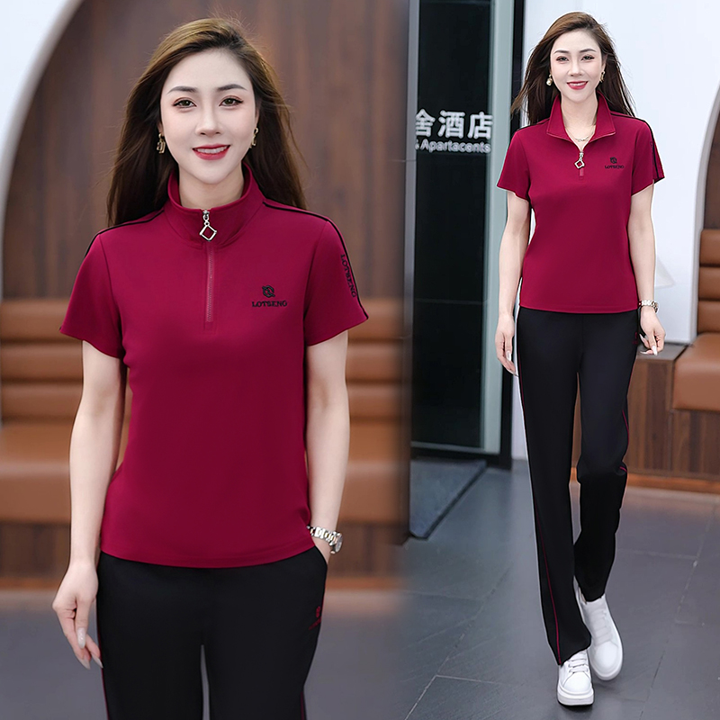 时尚休闲运动套装女2025夏季新款洋气显瘦短袖阔腿裤两件套潮立领
