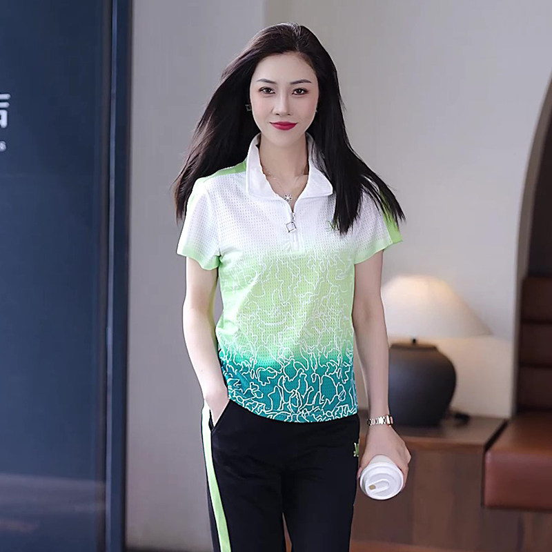 运动服套装女士夏季2025年新款时尚休闲立领短袖长裤阔腿裤两件套