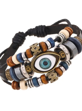 手串眼睛手链多层个性复古民族风皮质手工手绳可调节男女情侣饰品