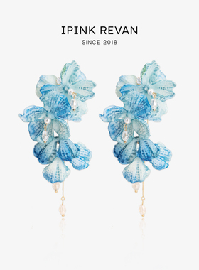 IPINK夏日蓝色油画布艺花朵耳环耳夹女流苏夸张耳饰新款耳钉