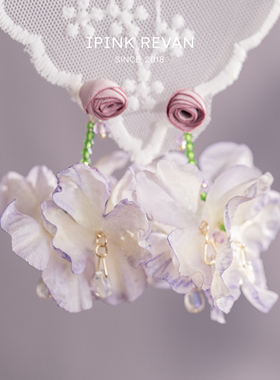 IPINK浪漫紫色玫瑰花流苏耳环女耳夹花瓣耳坠海边度假耳饰无耳洞