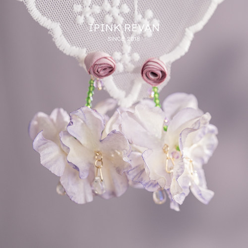 IPINK紫色玫瑰花流苏耳环