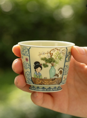 景德镇青花斗彩高级感陶瓷主人杯茶杯手绘仕女图功夫茶品茗杯杯子