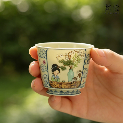 景德镇青花斗彩高级感陶瓷主人杯茶杯手绘仕女图功夫茶品茗杯杯子