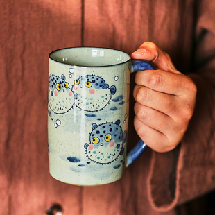 景德镇手绘河豚陶瓷马克杯水杯复古釉下彩青花瓷办公室杯子茶杯