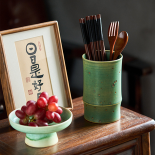 景德镇陶瓷筷筒仿真竹节厨房筷收纳盒复古笔筒长筷子笼叉勺收纳筒