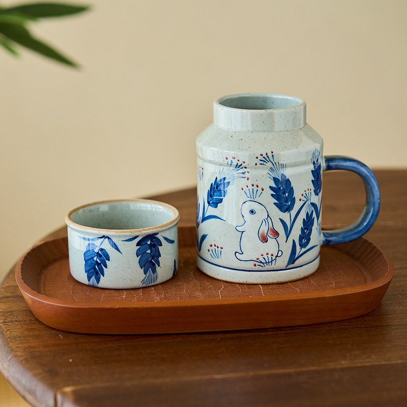 景德镇原创手绘陶瓷青花麦穗白兔可爱兔子马克杯家用水杯茶杯带盖