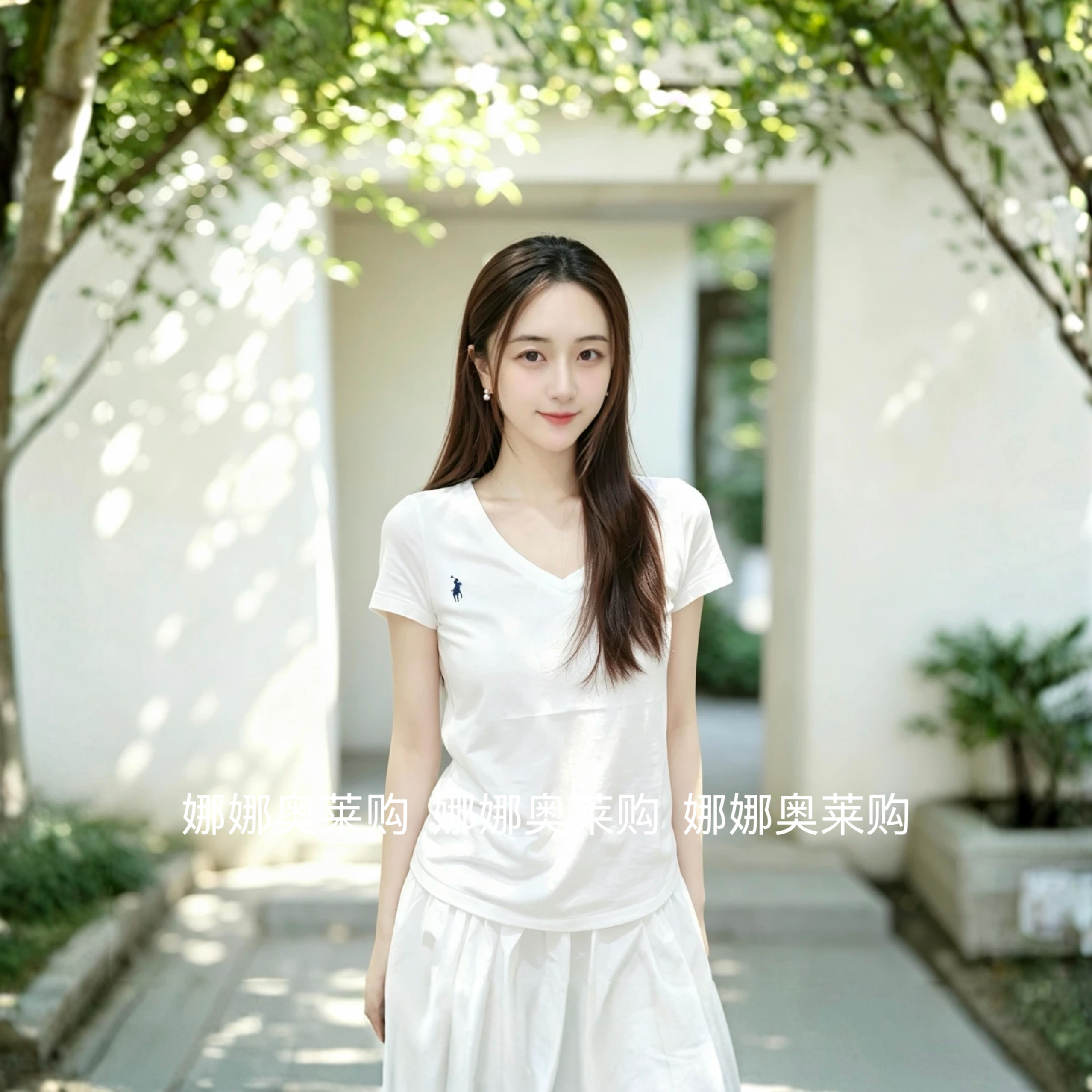 现货拉夫v领短袖T恤女士小马标刺绣休闲修身显瘦上衣赵露思同款
