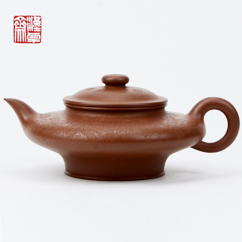 原矿紫泥茶壶紫砂壶 宜兴名家壶何忍群纯手工虚扁绘刻百子壶400cc