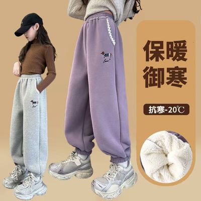 女童冬季加绒加厚裤子新款大童秋冬装束脚卫裤儿童羊羔绒运动裤子