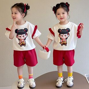 女童夏季哪吒套装2025新款洋气卡通动漫荷叶边短袖休闲短裤两件套