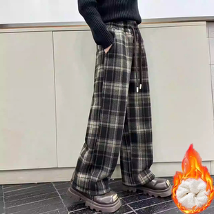 女童加绒加厚裤子仿兔毛冬季2025中大童格子休闲阔腿裤潮一条过冬