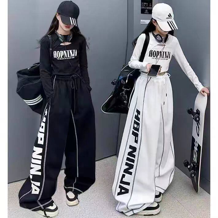 女童2025春秋街舞潮牌侧边印花嘻哈运动休闲裤hiphop爵士跳舞服