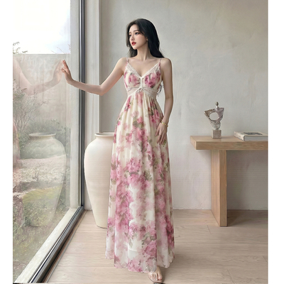 实拍Fart Shop花漾花海 V领绑带露背吊带连衣裙女春夏蕾丝修饰裙