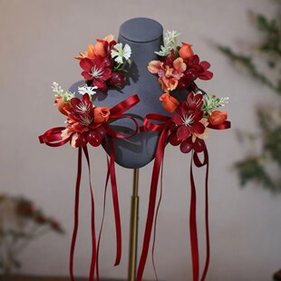 新中式红色仿真花朵发饰新娘敬酒服头饰蝴蝶结发夹结婚礼服配饰品