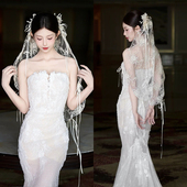 法式 复古蕾丝蝴蝶结花边头纱婚纱结婚高级新娘头饰造型旅拍拍照