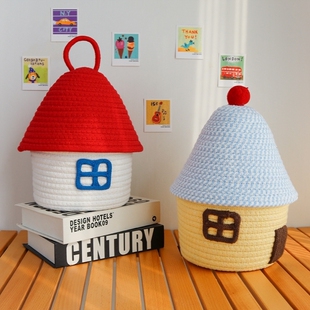 卡通桌面收纳盒零食��膜收纳筐整理盒家用带盖子棉线编织玩具储物