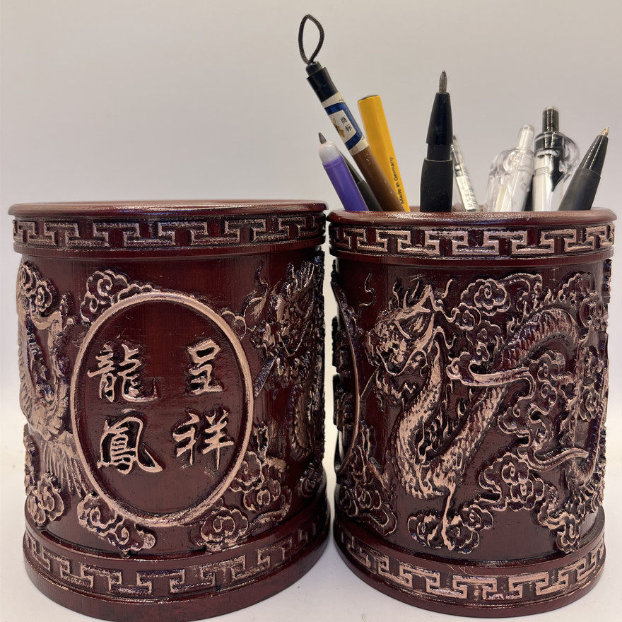 金铜色竹雕笔筒家用办公室桌面毛笔筒复古做旧摆件收纳盒文房四宝