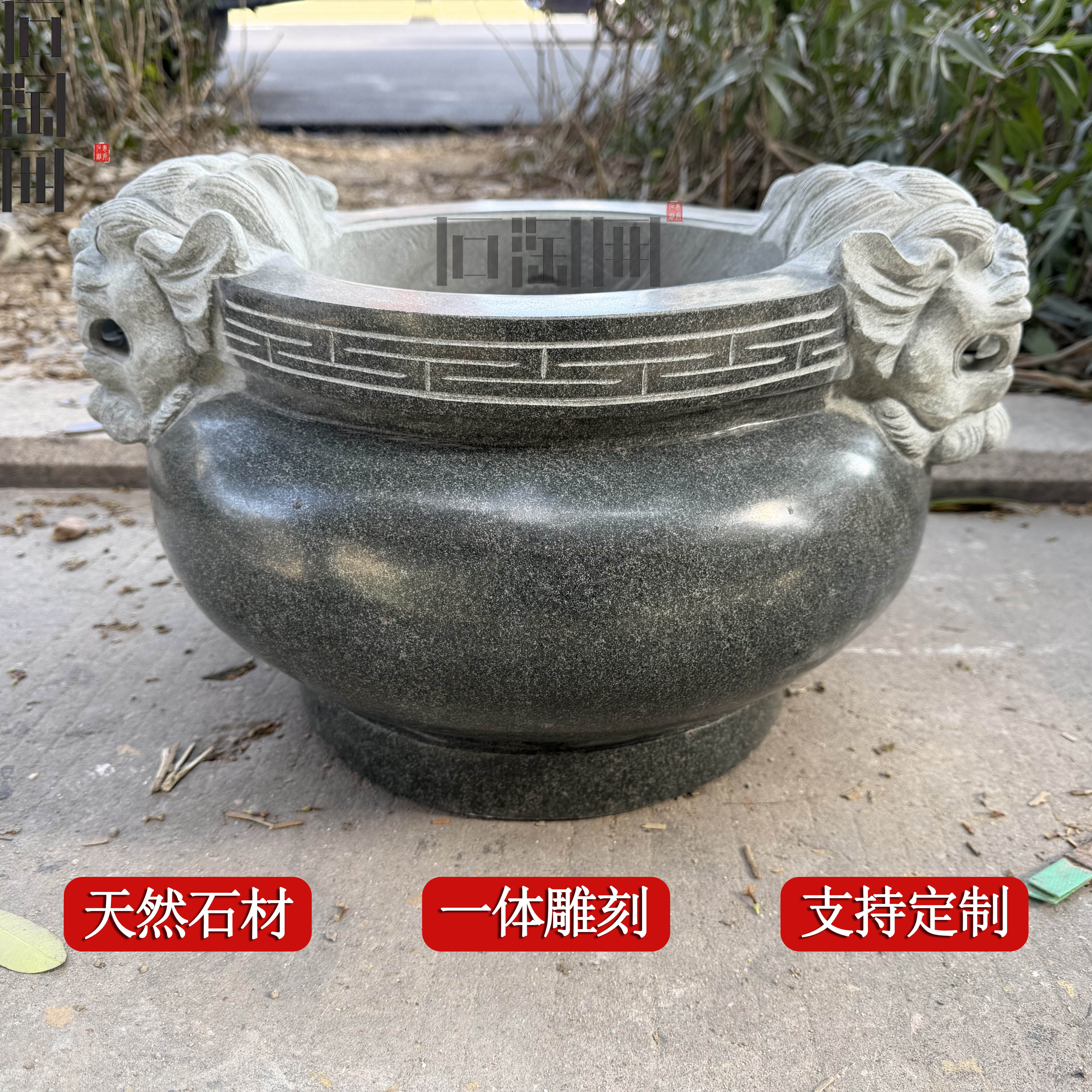 天然石材狮子头香炉鼎石雕户外庭院圆形鼎炉一体雕刻定制惠安石雕