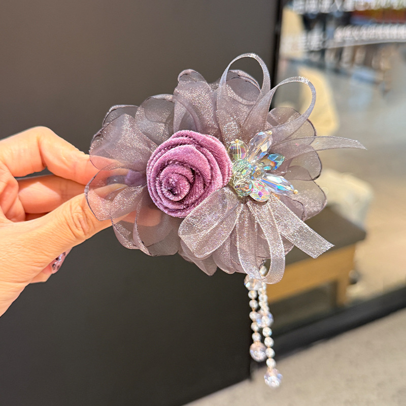 乌梅子酱网纱流苏玫瑰花马尾扣抓夹后脑勺超仙盘发夹高级感鲨鱼夹