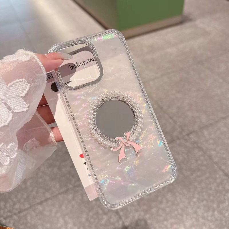 贝壳纹边钻珍珠镜子苹果17pro max手机壳批发 适用iPhone 11 13 15 14 16 12 plus补妆新款男女保护全包水钻