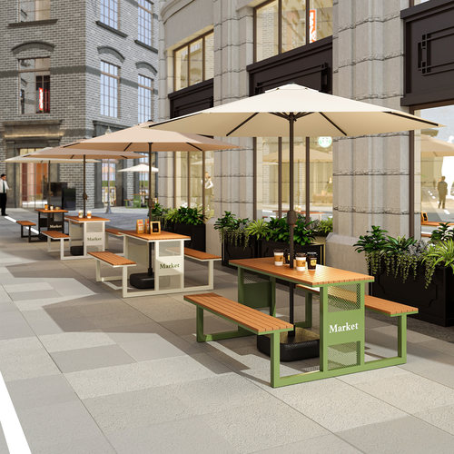 户外桌椅带伞套装庭院花园露天奶茶店咖啡厅外摆休闲连体桌椅组合