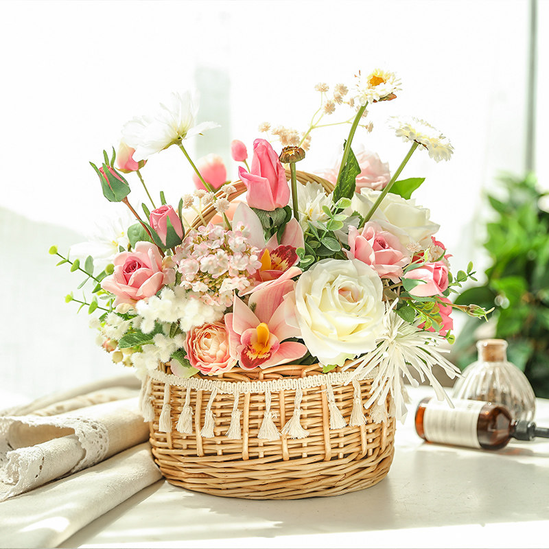 小花篮藤编手提干花插花编织篮餐桌假花装饰篮子客厅仿真花艺摆件