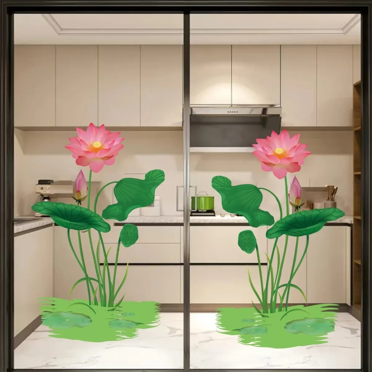 荷花图贴画卫生间厕所门装饰画方形九鲤鱼莲花静妹贴纸自粘画