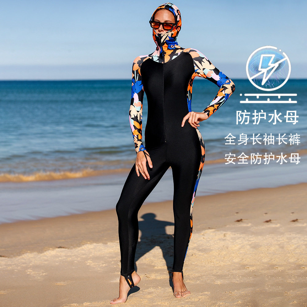 鲨巴特连体泳衣2024保守冲浪服沙滩防晒游泳衣长袖水母衣带胸垫