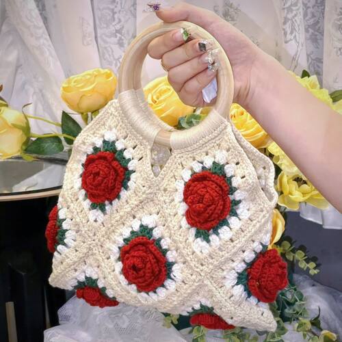 新【只卖成品】复古玫瑰手提包毛线钩织diy手工包编织山茶花手包