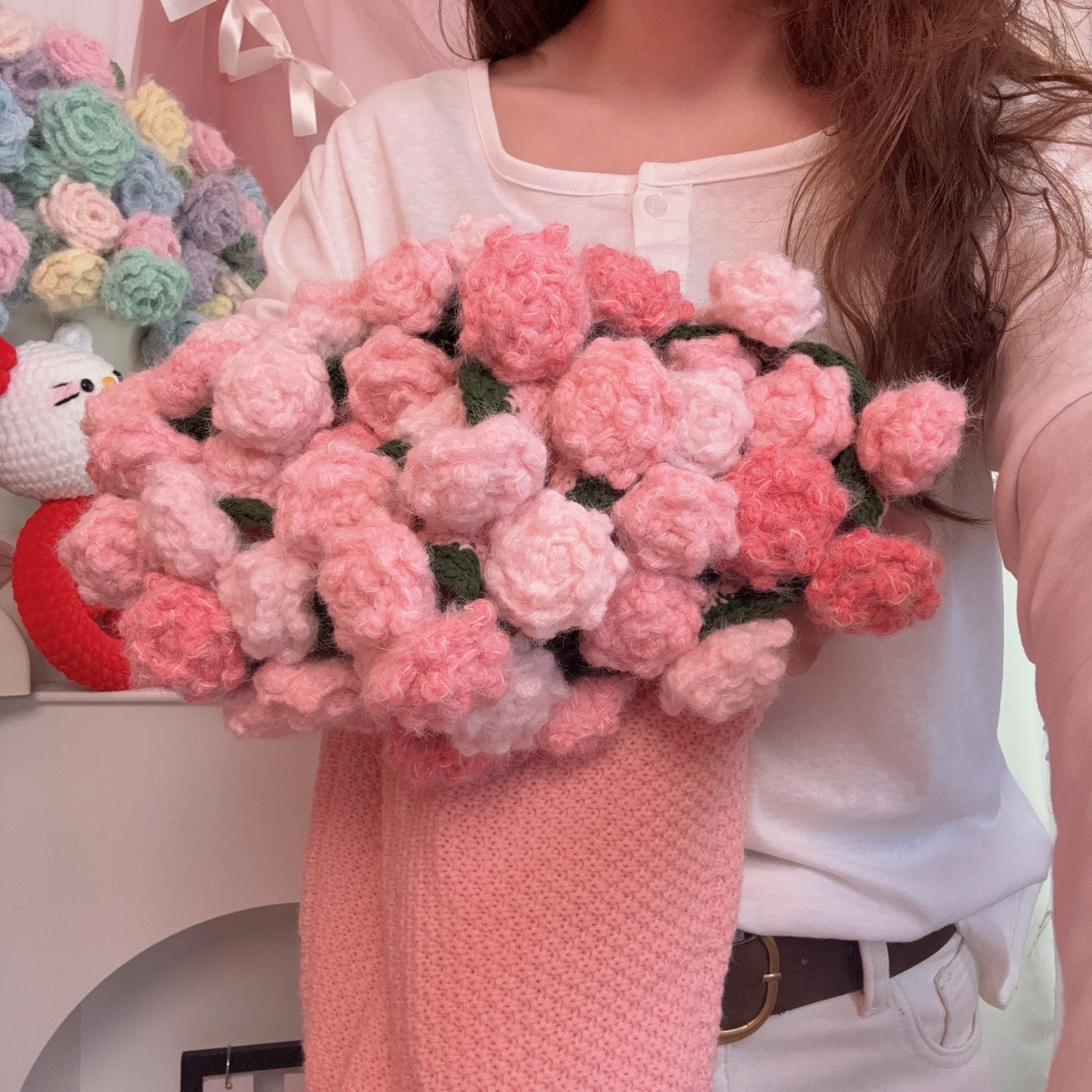 成品纯色毯尖角玫瑰花束毯子毛线手工编织生日礼物送闺蜜退休情人