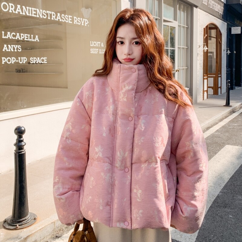 新款主推！90绒樱花粉印花羽绒服抽绳加厚短外套D936-P310K428
