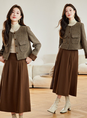 2D04425秋冬新款加厚呢料外套+半身裙 法式小香套裙外套套装