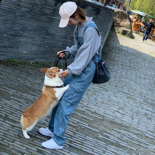 嘻哈阔腿男女同款 情侣复古日韩风 宽松女多口袋工装 SEVE牛仔背带裤