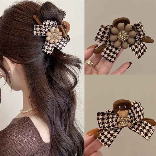 蝴蝶结布艺抓夹新款太阳花小熊丸子头发夹洋气千鸟格鲨鱼夹发抓