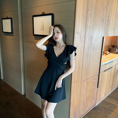 Real shot collar sexy dress with waist closing and slim cover belly hollowed out skirt for women's open back nightclub